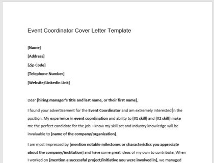Free event coordinator cover letter template