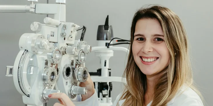 An optometrist standing in front of a phoropter.