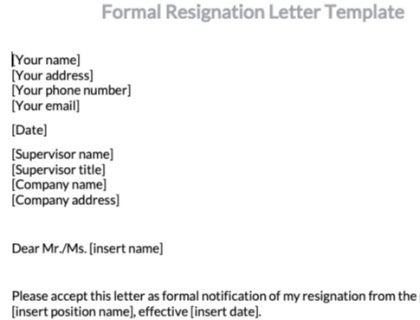 Formal resignation letter template.