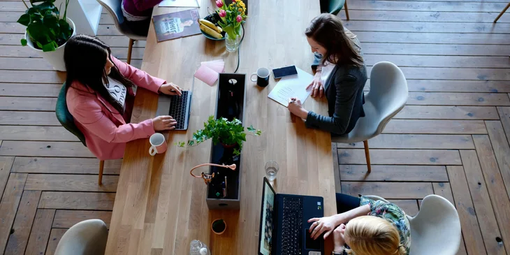 Coworkers in the office busy working on their laptops.