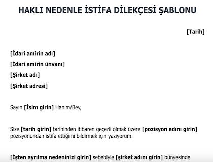 Haklı nedenle istifa dilekçesi şablonu.