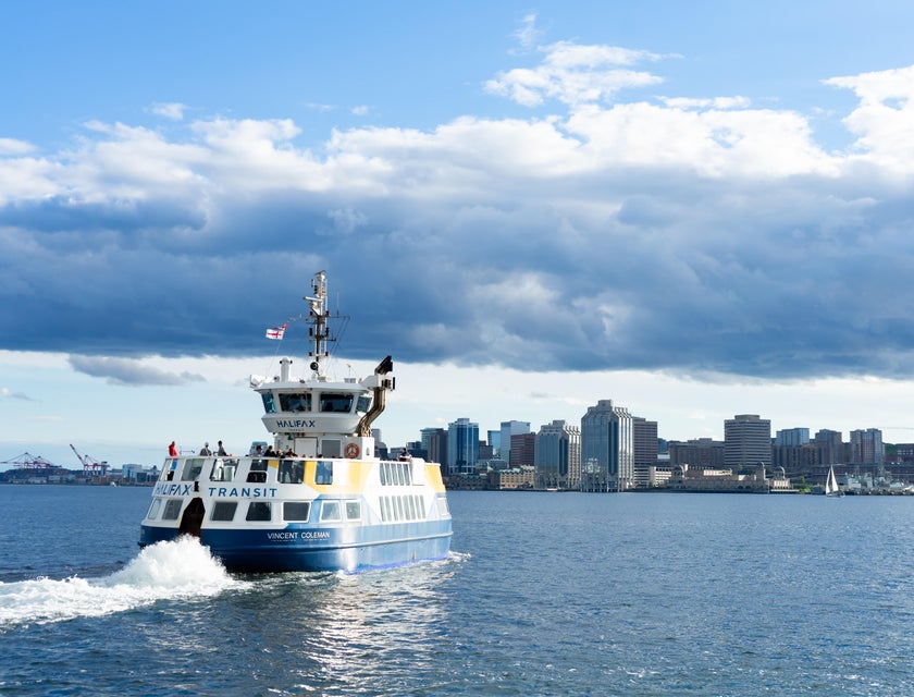 A view of a ferry approaching Halifax city.