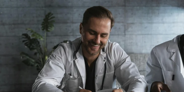 A doctor writing on a booklet.