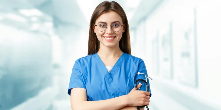 A female healthcare professional standing in a hospital corridor.