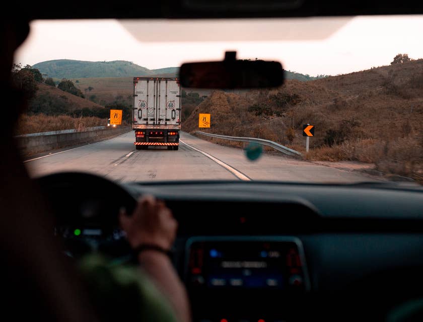 Truck driver holding steering wheel of truck.