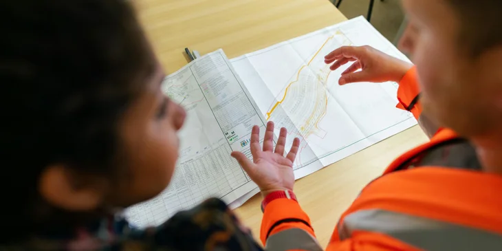 Two civil engineers scrutinizing blueprints on a table.