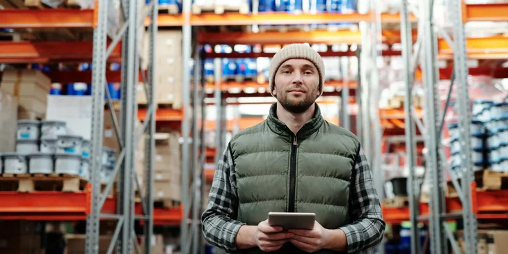 A retail manager standing in a warehouse while holding a tablet.