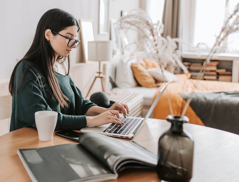 woman researching a company