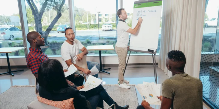 A group of coworkers analyzing HR metrics.