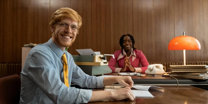 A man sitting at a desk, smiling, with his assistant in the background.