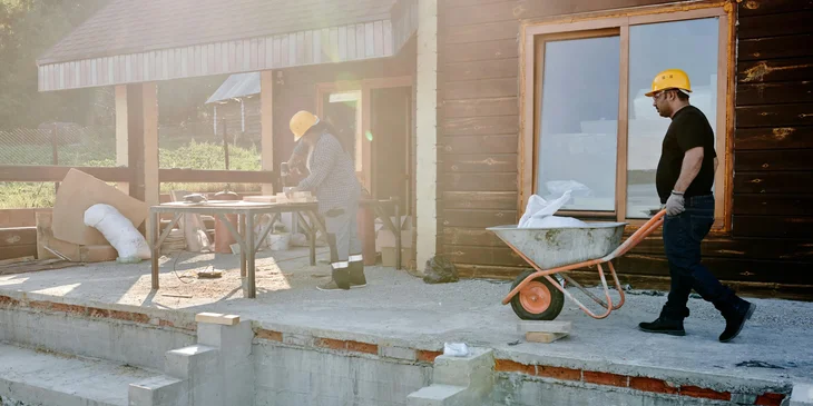 Construction workers working on a house early in the morning.