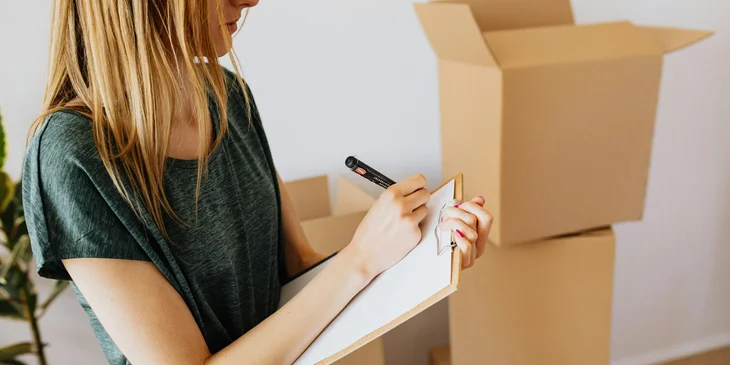 An inventory specialist recording stock inventory on a clipboard.