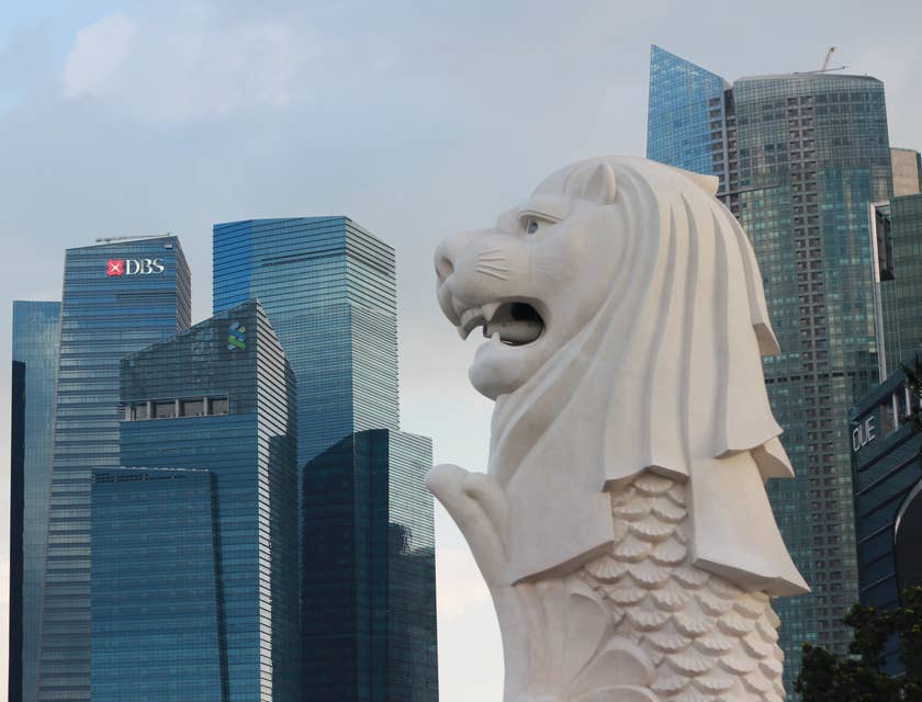 Singapore emblem with city buildings as backdrop.