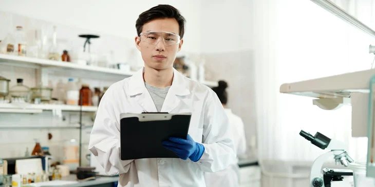 A scientist holding a clipboard in a laboratory.
