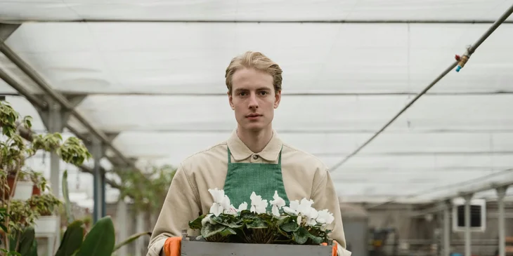 A man holding a crate of flowering plants.