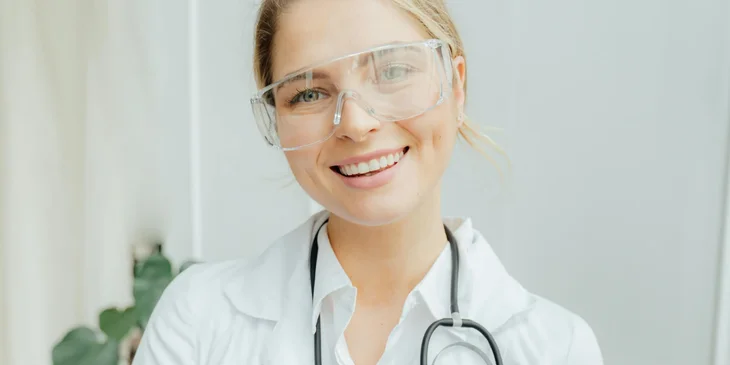 A woman wearing a white scrub suit.