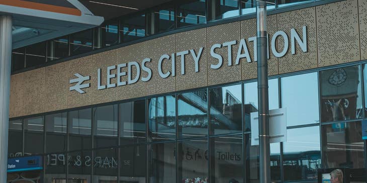 A street view of Leeds City Station.