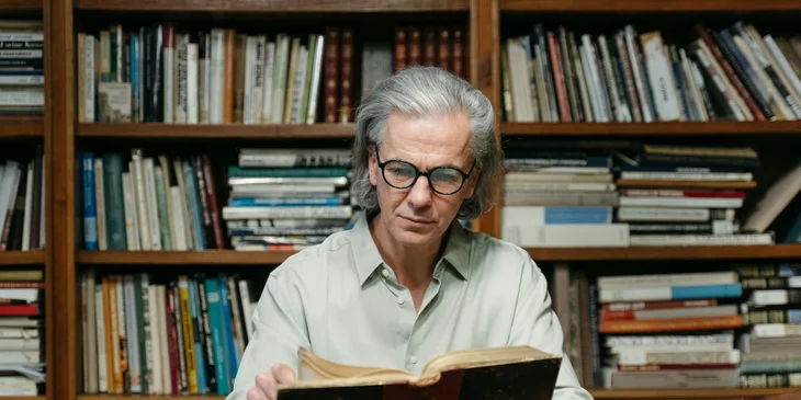 A linguist reading a book of interest.