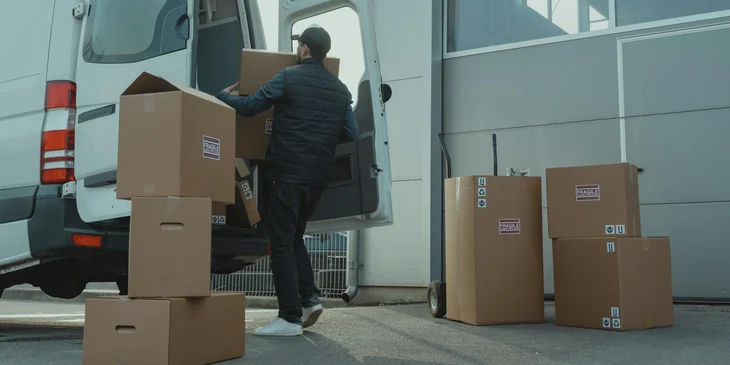 A local truck driver loading boxes onto the truck for delivery.