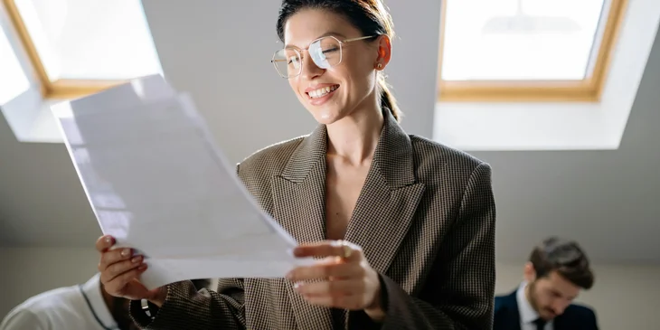 A woman standing in a meeting room smiling while looking at a document.