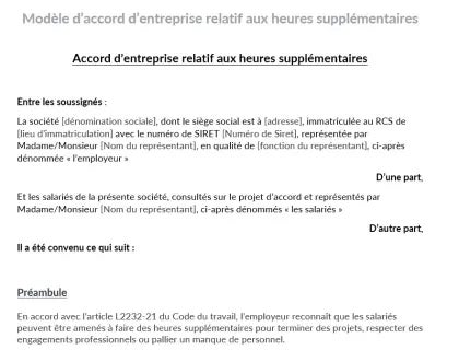 Modèle gratuit d'accord d'entreprise relatif aux heures supplémentaires au format Word.