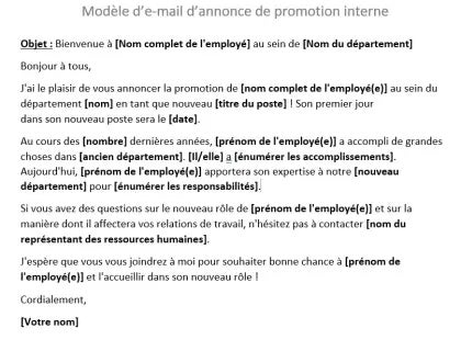 Modèle d'e-mail d'annonce de promotion interne