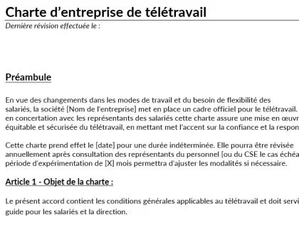Modèle de charte d'entreprise de télétravail téléchargeable.