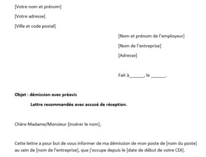 Un modèle de lettre de démission avec préavis.