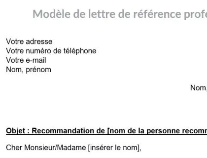 Modèle de lettre de référence professionnelle