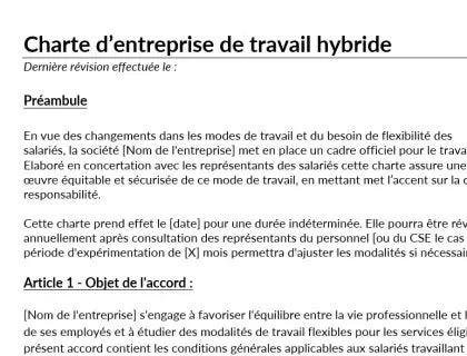 Téléchargez et utilisez gratuitement ce modèle de charte d'entreprise sur le travail hybride.