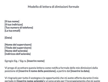 Modello di lettera di dimissioni formale.