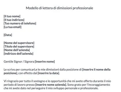 Modello di lettera di dimissioni professionale.