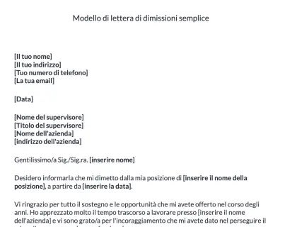Modello di lettera semplice di dimissioni.