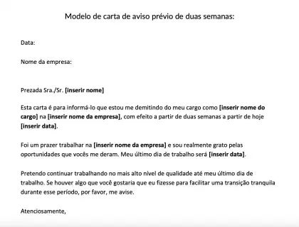 Um modelo de carta de aviso prévio de duas semanas.