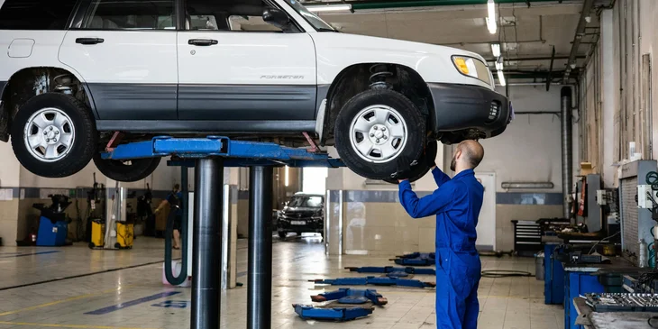 An MOT tester examining a car.