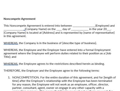Example of noncompete agreement template.