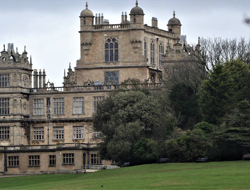 A garden view of Wollaton Hall in Wollaton Park, situated in Nottingham, East Midlands.