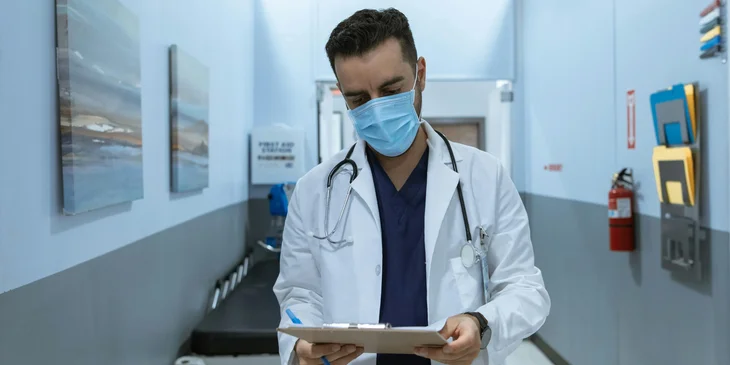 A doctor with a face mask reading a medical chart.