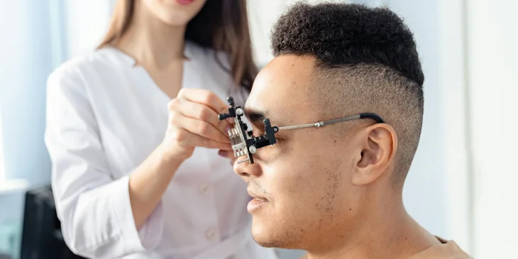 An ocularist examining a patient's eye.