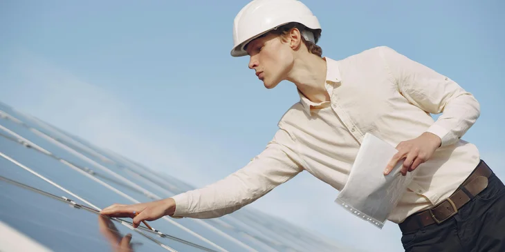 A solar technician inspecting a solar panel.