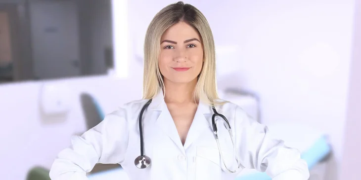 A doctor smiling while looking at a camera.