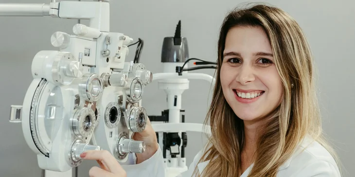 An optician smiling next to the phoropter.