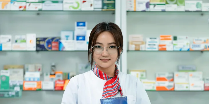 A pharmacist wearing a white coat.