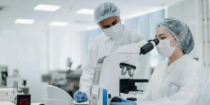 A woman in a white laboratory gown looks through a microscope while her coworker observes beside her.