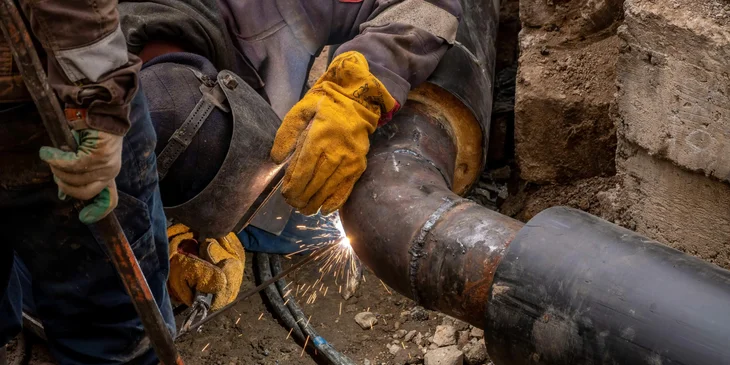 A welder in full protective gear, welding a pipe.