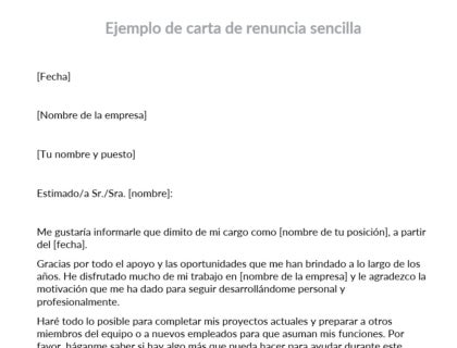 Modelo de carta de renuncia simple.