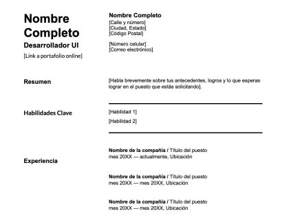 Una plantilla del currículo / CV de desarrollares UI