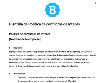 Una captura de pantalla de un documento Word de una plantilla de una política de conflictos de interés.