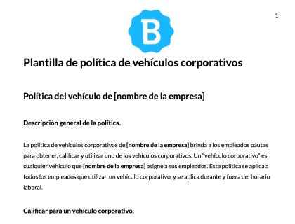 Una captura de pantalla de la plantilla para una política del uso de los vehículos de la empresa.