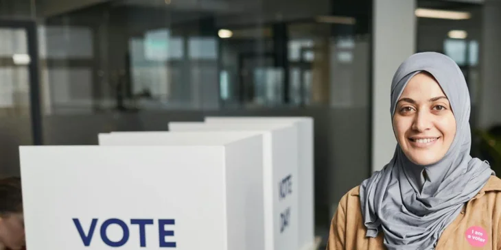A volunteer standing in front of a polling station booth during an election.